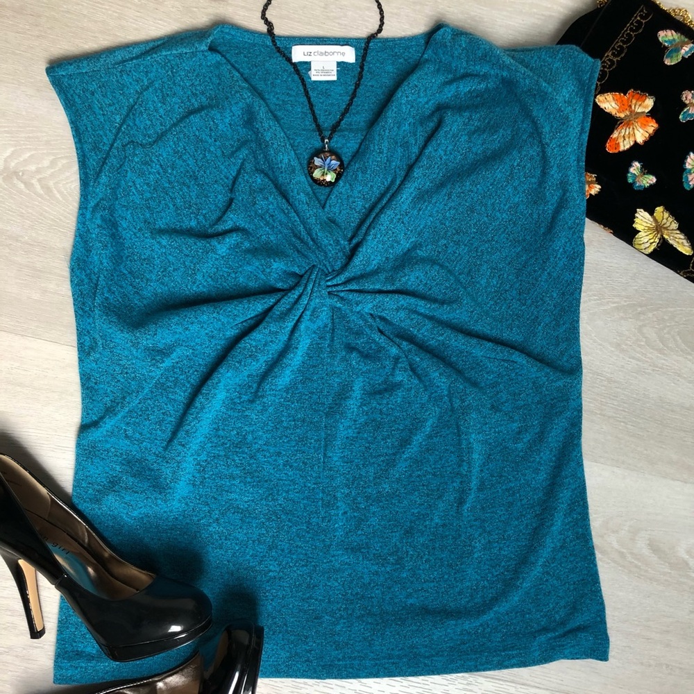 Liz Claiborne Teal Twist Front V-Neck Top Size Large
